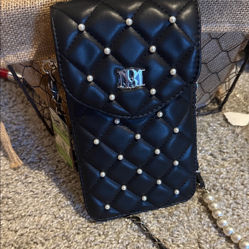 Badgley Mischka Black Quilted Bag with Pearl Details